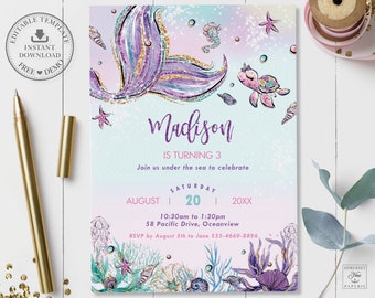 Mermaid Invitation INSTANT DOWNLOAD, Mermaid Birthday Party Invite Diy Editable Template, PDF Printable, Under the Sea, Ocean Creatures MT1A