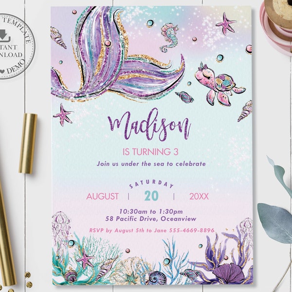 Mermaid Invitation INSTANT DOWNLOAD, Mermaid Birthday Party Invite Diy Editable Template, PDF Printable, Under the Sea, Ocean Creatures MT1A