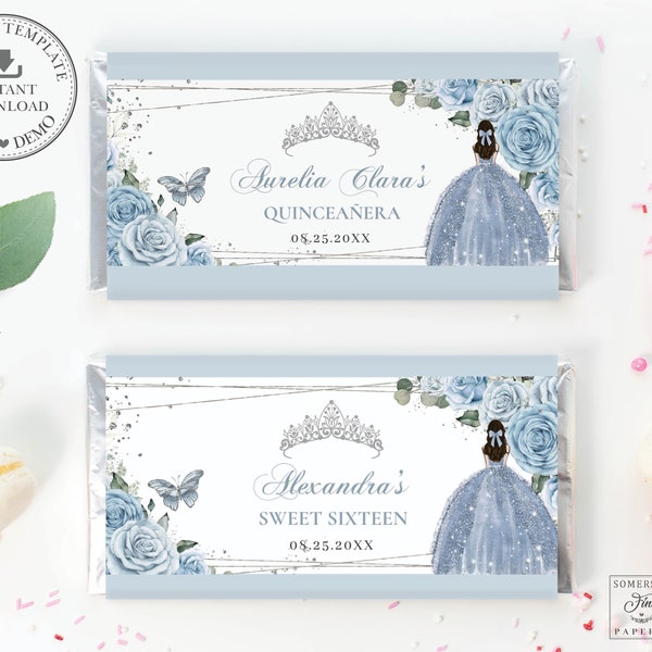 Baby Blue Floral Silver Princess Chocolate Bar Wrapper, EDITABLE TEMPLATE, Quinceanera 16th Birthday Aldi Hershey's Labels Printable QC18