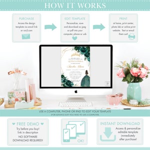 May include: A digital template for a Quincea&ntilde;era invitation. The template features a teal and gold design with a crown and a young woman in a teal gown. The text on the template reads "Quincea&ntilde;era" and "Aurelia Clara".