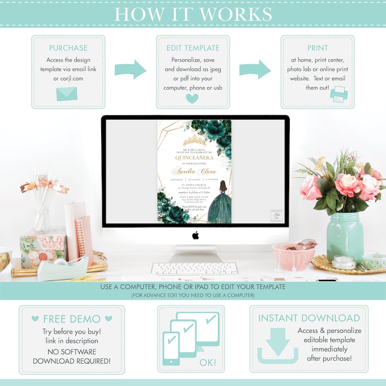 May include: A digital template for a Quincea&ntilde;era invitation. The template features a teal and gold design with a crown and a young woman in a teal gown. The text on the template reads "Quincea&ntilde;era" and "Aurelia Clara".