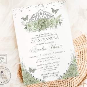 Sage Green Floral Roses Silver Crown Quinceañera Invitation EDITABLE TEMPLATE Mis Quince 15 Anos Sweet 16 Birthday Download Printable QC43