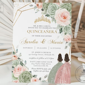 Sage Green Blush Floral Quinceañera Invitation EDITABLE TEMPLATE Mis Quince 15 XV Twins Sisters 16th Birthday Invite Download Printable QC83