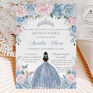 Baby Blue Pale Pink Floral Silver Princess Quinceañera Invitation Printable EDITABLE TEMPLATE Quince 15 XV Sweet 16 Birthday Download QC55