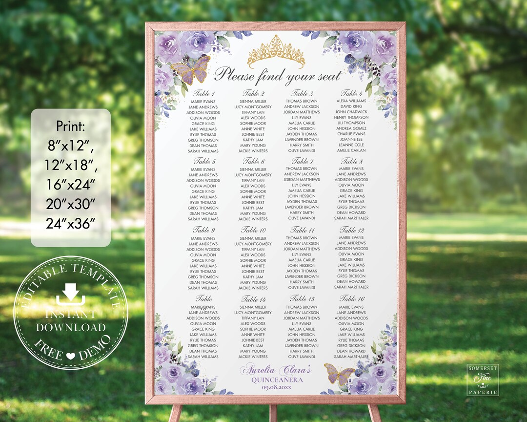 Purple Lilac Floral Gold Butterflies Quinceañera Seating Chart 24x36