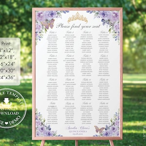 Purple Lilac Floral Gold Butterflies Quinceañera Seating Chart  24x36 Printable EDITABLE TEMPLATE Mis Quince Anos 18th 16th Birthday QC3