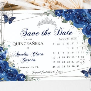 Royal Blue Floral Butterflies Quinceañera Save the Date Calendar Printable EDITABLE TEMPLATE Quince 15 16th Birthday Instant Download QC16