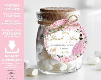 May include: A clear glass jar with a cork lid and a decorative tag. The tag features a pink floral design with the words "Thank You" and a princess illustration. The jar is filled with white marshmallows. Text on the left side says "Editable Template".
