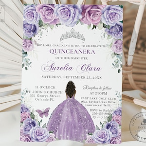 Lavender Lilac Purple Floral Silver Quinceañera Invitation INSTANT DOWNLOAD Brown Quince 15 Birthday Invite Printable EDITABLE Template QC37