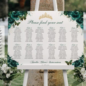 Emerald Green Floral Roses Gold Quinceañera Landscape Seating Chart Printable EDITABLE TEMPLATE Mis Quince 15 XV 18th 16th Birthday QC9