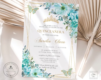 Turquoise Floral Butterflies Quinceañera Invitation EDITABLE TEMPLATE, Mis Quince 15 Anos 16 Birthday Instant Download PDF Printable, QC10