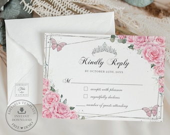 Könnte beinhalten: Eine weiße RSVP-Karte mit einem goldenen geometrischen Rahmen und rosafarbenen floralen Akzenten. Die Karte trägt den Titel "Kindly Reply" und eine RSVP-Frist vom 25. Oktober. Die Karte enthält auch ein Kontrollkästchen zum Akzeptieren oder Ablehnen der Einladung und einen Platz zum Schreiben der Anzahl der teilnehmenden Gäste.