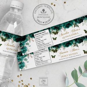 Emerald Green Floral Butterflies Quinceañera Sweet 16 Water Bottle Labels EDITABLE TEMPLATE Birthday Wrappers Stickers Printable INSTANT QC9