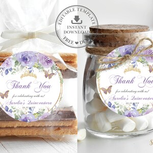 EDITABLE TEMPLATE 2&quot; Circle Favor Label, Purple Lilac Floral Butterflies Quinceaneara 15th Birthday Sweet 16 Printable INSTANT Download QC3