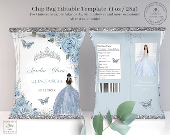 May include: A blue and silver chip bag template with a crown, butterflies, and floral designs. The text reads "Aurelia Clara's Quinceañera 08.25.20XX".