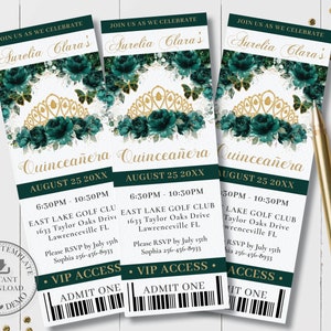Emerald Green Floral Gold Princess Crown Tiara Quinceañera VIP Ticket Invitation EDITABLE TEMPLATE Quince 15 Birthday Download Printable QC9