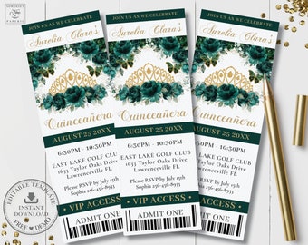May include: Three green and gold ticket invitations for a Quinceañera celebration. The tickets feature a gold crown, green flowers, and butterflies. The text on the tickets reads "Aurelia Clara's Quinceañera August 25 20XX".