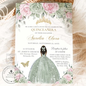 EDITABLE Sage Green Pink Floral Gold Brown Princess Quinceañera Invitation Quince XV 15 Sweet 16 Sixteen Birthday Printable Download QC49