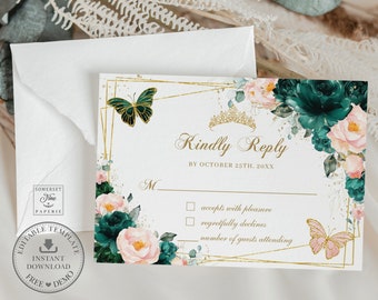 Puede incluir: Una tarjeta de invitación blanca con detalles geométricos dorados, ilustraciones florales y el texto "Kindly Reply". La tarjeta presenta una mariposa dorada y una tiara. Un sobre es visible en el fondo. Es una plantilla editable.