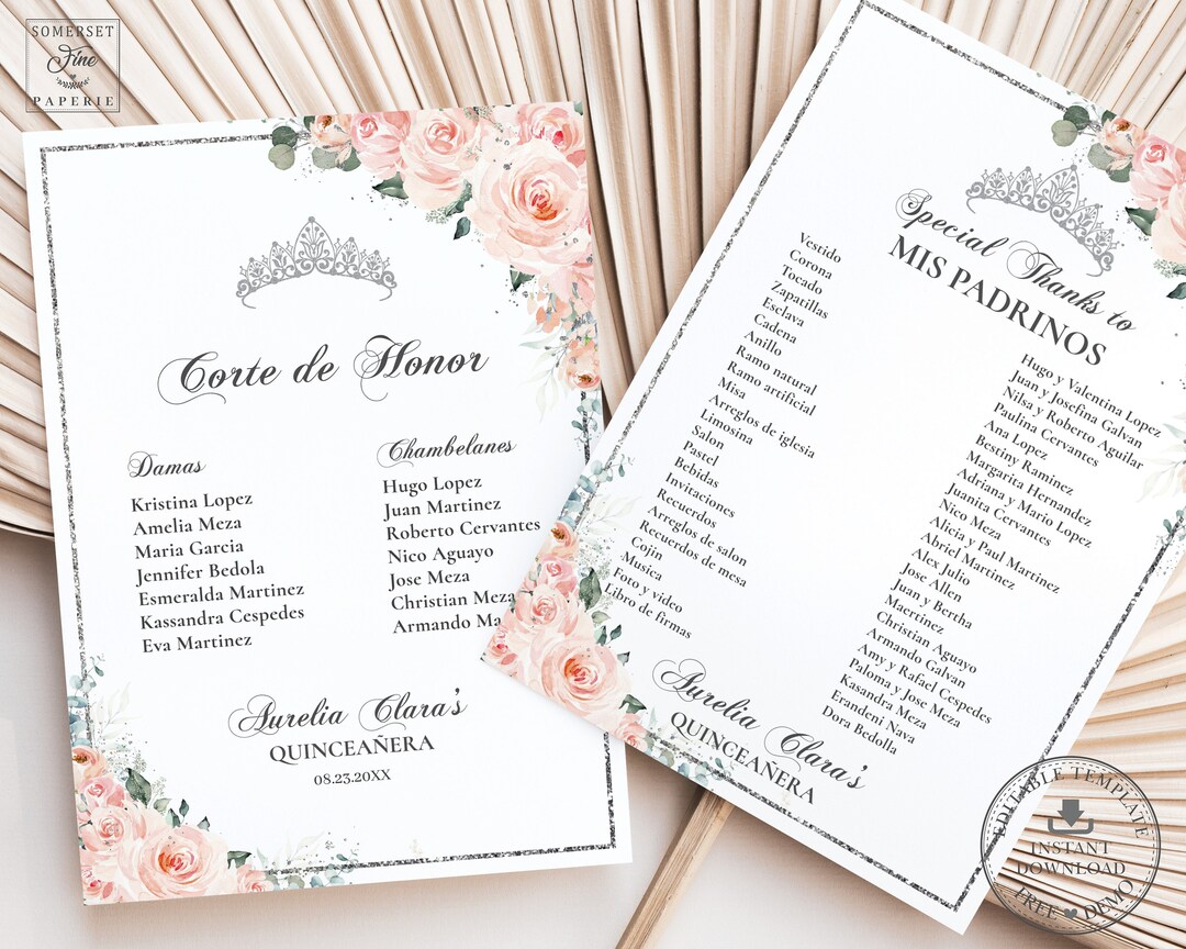 Blush Floral Roses Silver Quinceañera Mis Padrinos List Printable ...