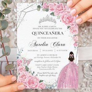 EDITABLE TEMPLATE Pink Floral Silver Quinceañera Invitation Printable, Mis Quince 15 Anos 16th Birthday Diy Invites, INSTANT Download, QC24