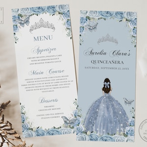 Baby Blue Floral Silver Quinceañera Menu EDITABLE TEMPLATE Butterflies Sweet 16 Birthday Mis Quince Anos Printable INSTANT Download QC18
