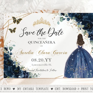 EDITABLE TEMPLATE Navy Blue Floral Gold Quinceañera Save the Date Card Princess Tiara Roses Mis Quince 15th Sweet 16 Birthday Printable QC17