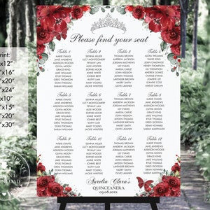 May include: A printable seating chart for a Quinceañera celebration. The chart features a white background with red roses and butterflies. The text "Please find your seat" is at the top of the chart. The chart is divided into 12 tables, each with a table number and a list of names. The chart also includes the text "Aurelia Clara's Quinceañera 09.08.20xx".