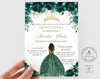 May include: A Quinceañera invitation with a green and gold color scheme. The invitation features a floral design with a crown and a silhouette of a young woman in a green dress. The text on the invitation reads "MR. & MRS. GARCÍA INVITE YOU TO CELEBRATE THE QUINCEAÑERA OF THEIR DAUGHTER AURELIA CLARA SATURDAY, SEPTEMBER 23, 20XX".
