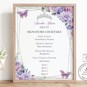 Purple Lilac Floral Butterflies Silver Cocktails Bar Menu Sign EDITABLE TEMPLATE Quinceañera 15 XV Sweet Sixteen 16 Birthday Printable QC37