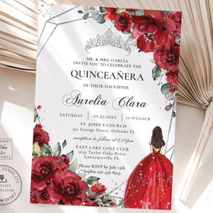 Red Floral Roses Silver Quinceañera Princess Invitation INSTANT DOWNLOAD Mis Quince 15 Anos Birthday Invite EDITABLE Template Printable QC13