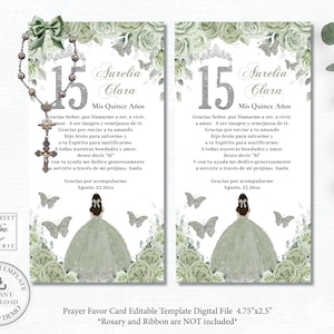 Prayer Card Rosary Favors Sage Green Floral Silver EDITABLE TEMPLATE Quinceañera Quince  Girl Dress 15 Sweet 16 Birthday Printable File QC43
