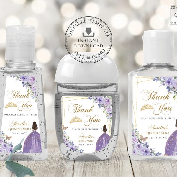 Purple Lilac Floral Quinceañera Hand Sanitizer Labels, EDITABLE TEMPLATE, Princess PocketBac 15th 16th Birthday Favors Printable INSTANT QC3