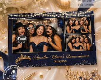 May include: A 4x6 inch photo booth strip template featuring a dark blue background with gold string lights and confetti. The design includes two photo frames, a gold tiara graphic, and the text Aurelia Clara's Quinceañera 08.25.20XX.