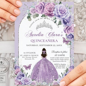 Lavanda Lila Púrpura Floral Plata Arco Quinceañera Invitación DESCARGA INSTANTE Quince 15 Cumpleaños Invitar Imprimible EDITABLE Plantilla QC37