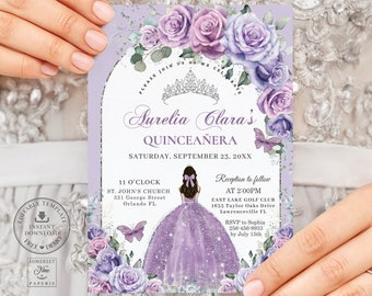 Lavender Lilac Purple Floral Silver Arch Quinceañera Invitation INSTANT DOWNLOAD Quince 15 Birthday Invite Printable EDITABLE Template QC37