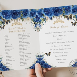 May include: A blue and gold wedding program with a floral design and butterflies. The program lists the order of events for a quinceañera celebration, including the introduction of the court, speeches, dinner, dances, and cake cutting.