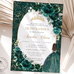 Emerald Green Gold Floral Oval Quinceañera Invitation INSTANT DOWNLOAD Quince 15 Anos Birthday Invite Editable Template, PDF Printable, QC9