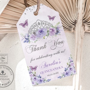 EDITABLE TEMPLATE Thank You Favor Tag Purple Lilac Floral Silver Crown Quinceaneara 15th Birthday Sweet 16 Printable INSTANT Download QC3