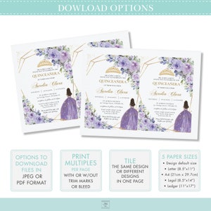 Op de afbeelding: Een paarse en gouden Quincea&ntilde;era-uitnodiging met een bloemenontwerp en een silhouet van een jonge vrouw in een paarse jurk. De uitnodiging bevat de tekst "MR. & MRS. GARCIA INVITE YOU TO CELEBRATE THE QUINCEA&Ntilde;ERA OF THEIR DAUGHTER AURELIA CLARA" en details over het evenement.