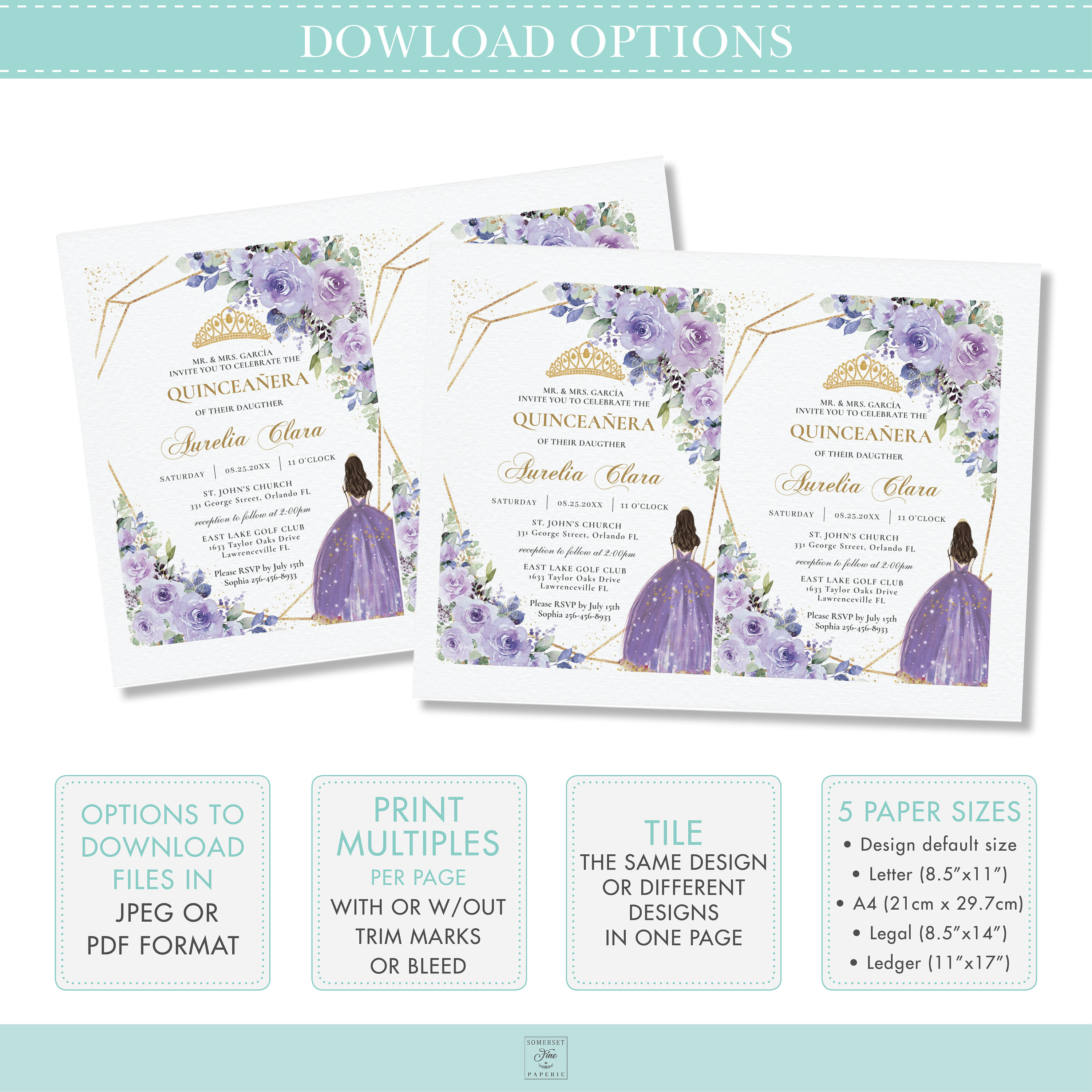 Op de afbeelding: Een paarse en gouden Quincea&ntilde;era-uitnodiging met een bloemenontwerp en een silhouet van een jonge vrouw in een paarse jurk. De uitnodiging bevat de tekst "MR. & MRS. GARCIA INVITE YOU TO CELEBRATE THE QUINCEA&Ntilde;ERA OF THEIR DAUGHTER AURELIA CLARA" en details over het evenement.