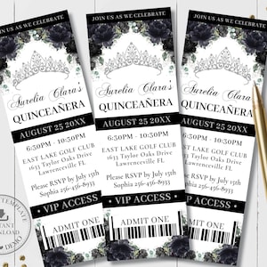 Chic Black Floral Silver Crown Quinceañera VIP Ticket Invitation EDITABLE Template Quince 15 XV 16 Birthday Instant Download Printable QC25