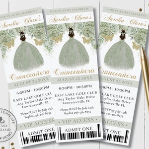 Sage Green Floral Princess Butterfly Quinceañera Ticket VIP Invitation EDITABLE TEMPLATE Quince 15 Birthday Instant Download Printable QC43
