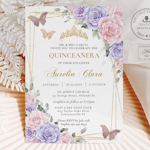 Purple Lavender Pink Floral Quinceañera Invitation EDITABLE TEMPLATE Butterflies Mis Quince 15 XV Sweet 16 Birthday Printable Download QC66