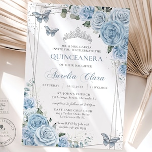 Baby Blue Floral Silver Butterflies Quinceañera Invitation Printable, EDITABLE TEMPLATE, Mis Quince 15 Anos Birthday, INSTANT Download, QC18