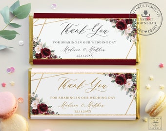 Burgundy Blush Floral Wedding Chocolate Bar Label INSTANT DOWNLOAD, Bridal Baby Shower Candy Wrapper Printable Hershey's Aldi EDITABLE RB1