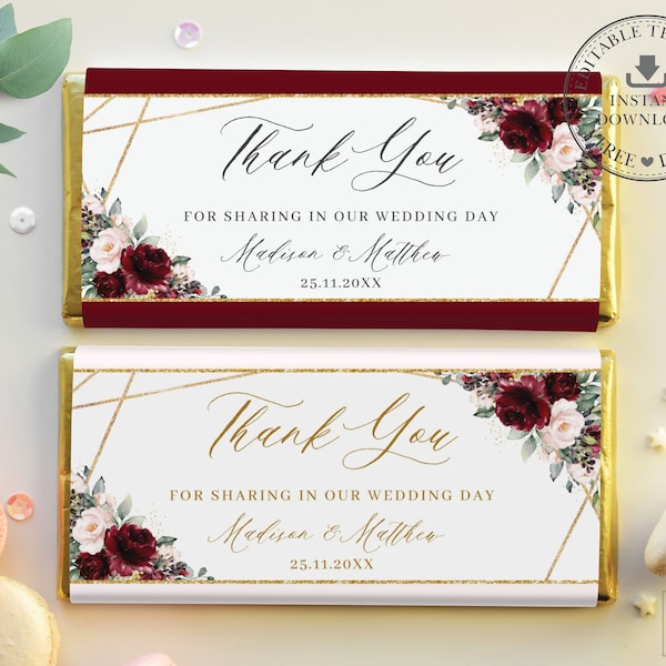 Burgundy Blush Floral Wedding Chocolate Bar Label INSTANT DOWNLOAD, Bridal Baby Shower Candy Wrapper Printable Hershey's Aldi EDITABLE RB1