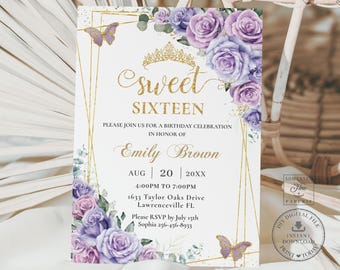 May include: Purple and gold sweet sixteen birthday invitation with a gold geometric frame, a crown, butterflies, and floral accents. The text reads "Sweet Sixteen" and includes the birthday girl's name, date, time, and address. Please RSVP by July 15th, Sophia 256-456-8933.