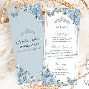 Baby Blue Floral Silver Butterflies Quinceañera Menu EDITABLE Template Sweet 16 Birthday Mis Quince 15 XV Printable INSTANT Download QC18