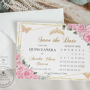 EDITABLE Pink Roses Floral Gold Butterflies Quinceañera Save the Date Calendar Printable Quince 15 XV 16th 18th Birthday Download File QC24